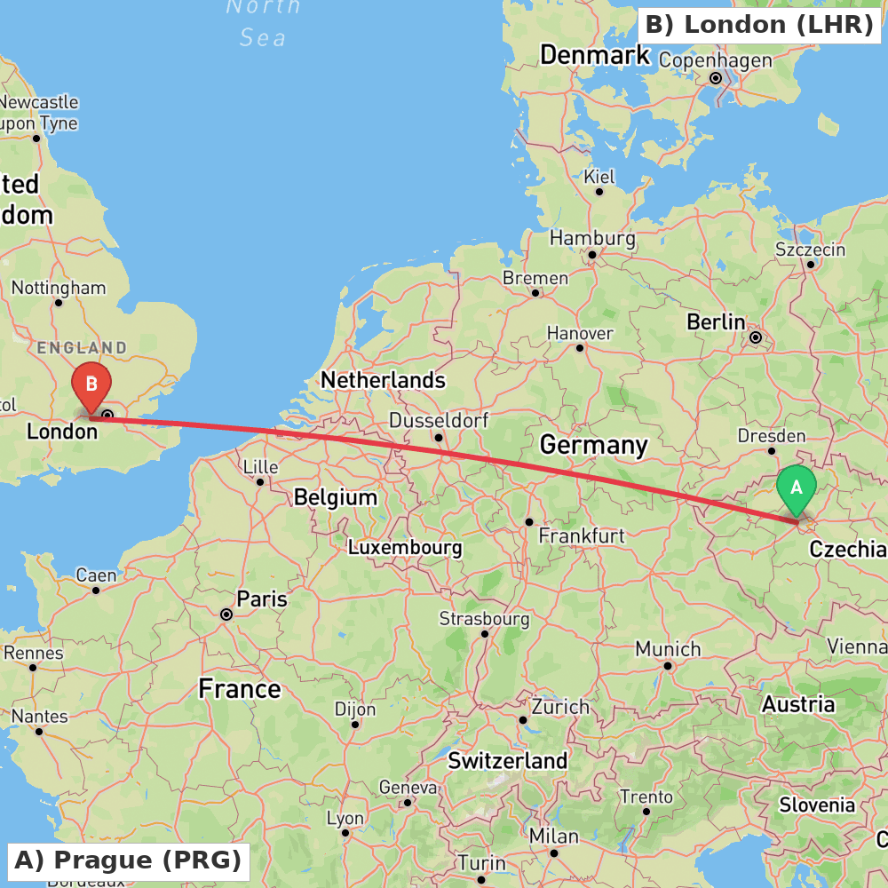Flight route map from Prague to London