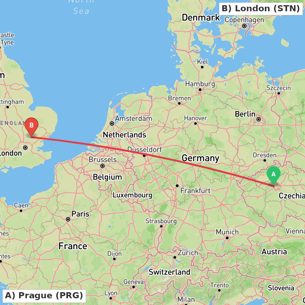 Flight route map from Prague to London