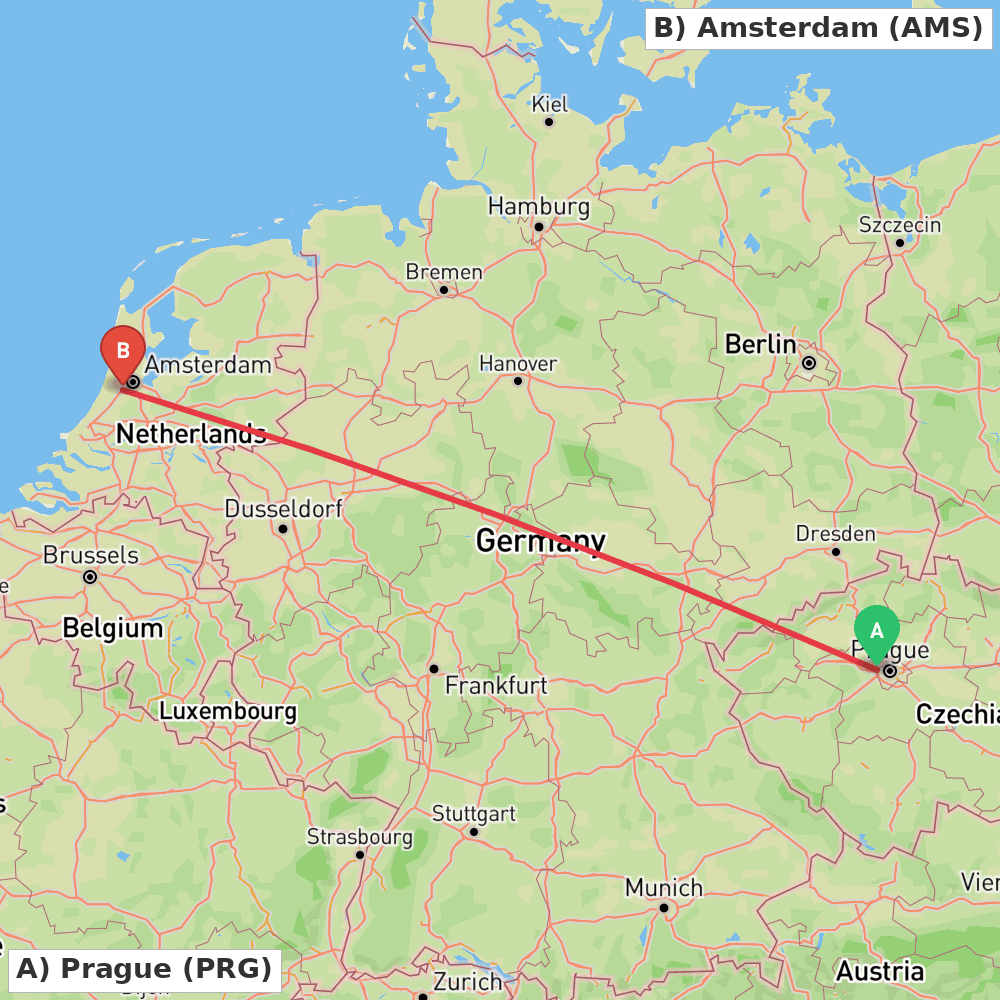 Flight route map from Prague to Amsterdam