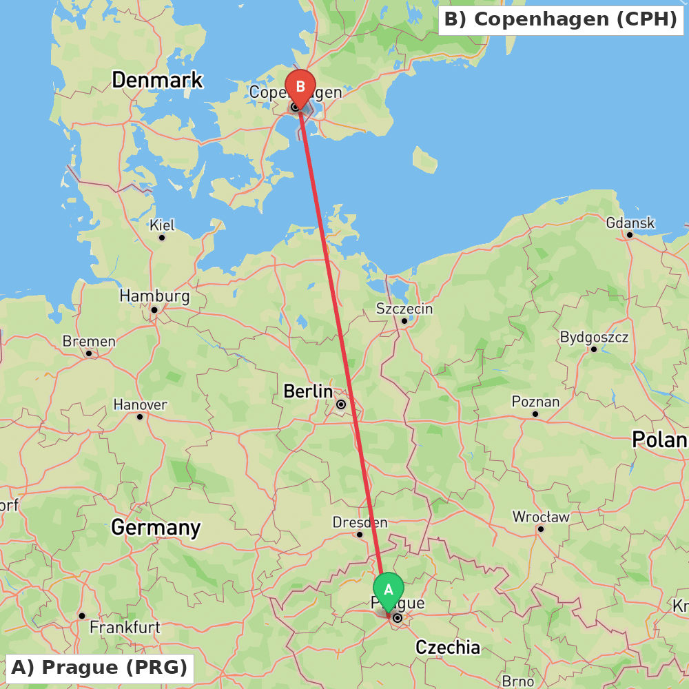 Flight route map from Prague to Copenhagen
