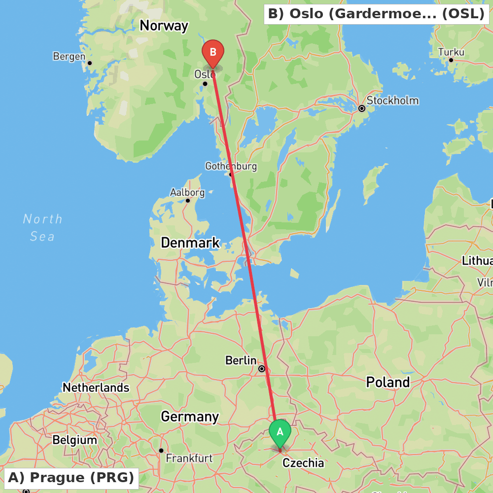 Flight route map from Prague to Oslo (Gardermoen)