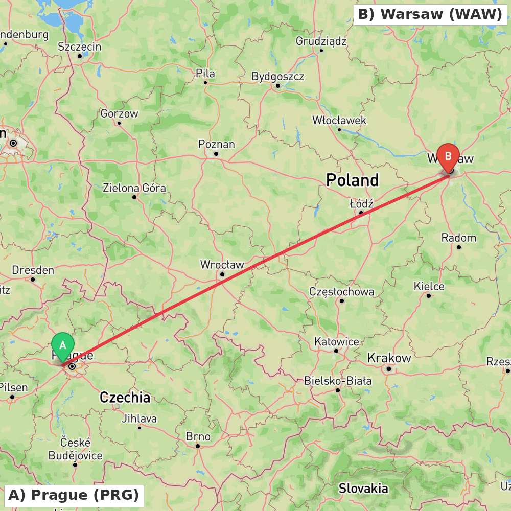 Flight route map from Prague to Warsaw