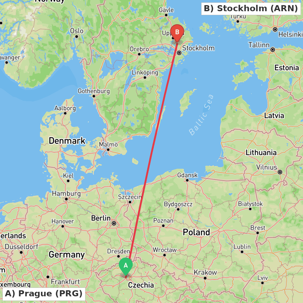 Flight route map from Prague to Stockholm