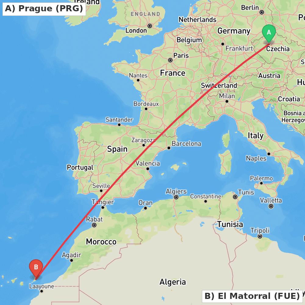 Flight route map from Prague to El Matorral