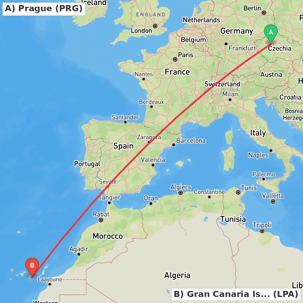 Flight route map from Prague to Gran Canaria Island