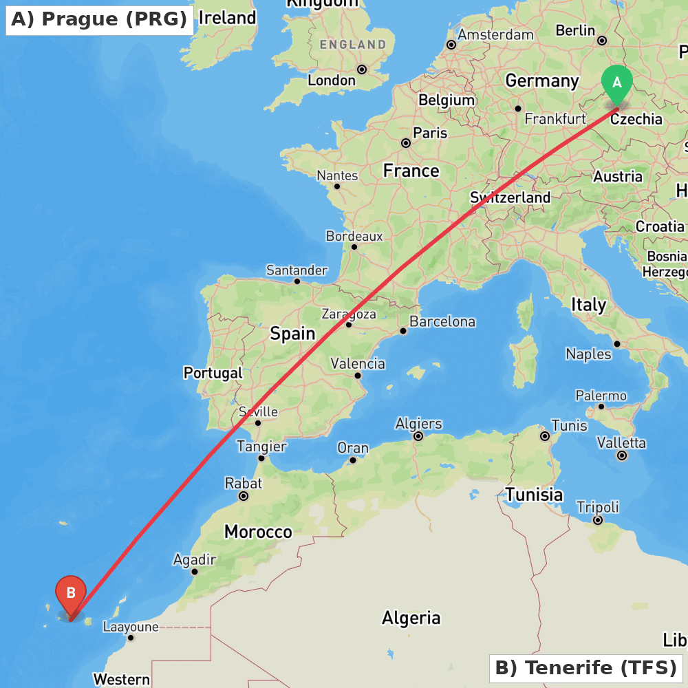 Flight route map from Prague to Tenerife