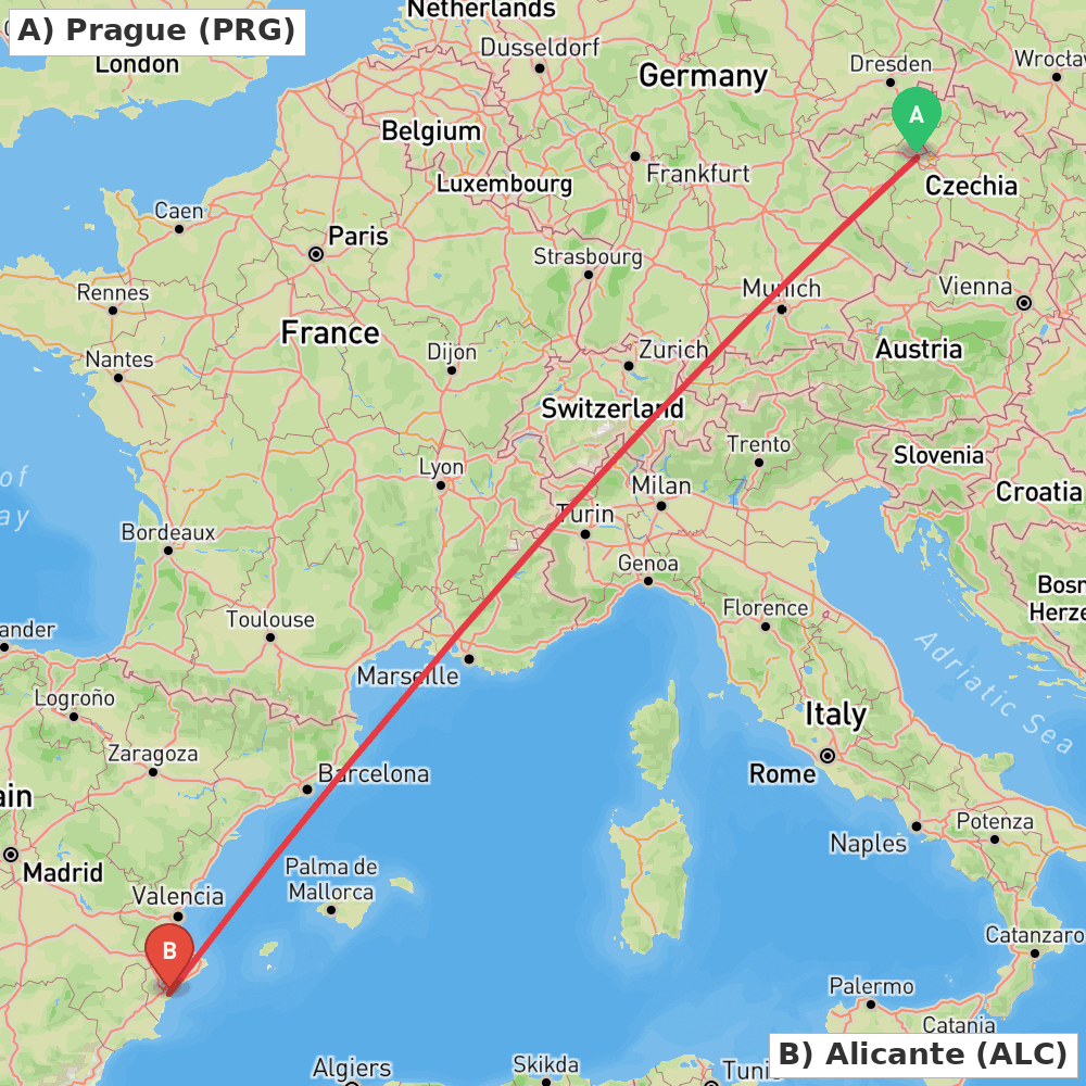 Flight route map from Prague to Alicante