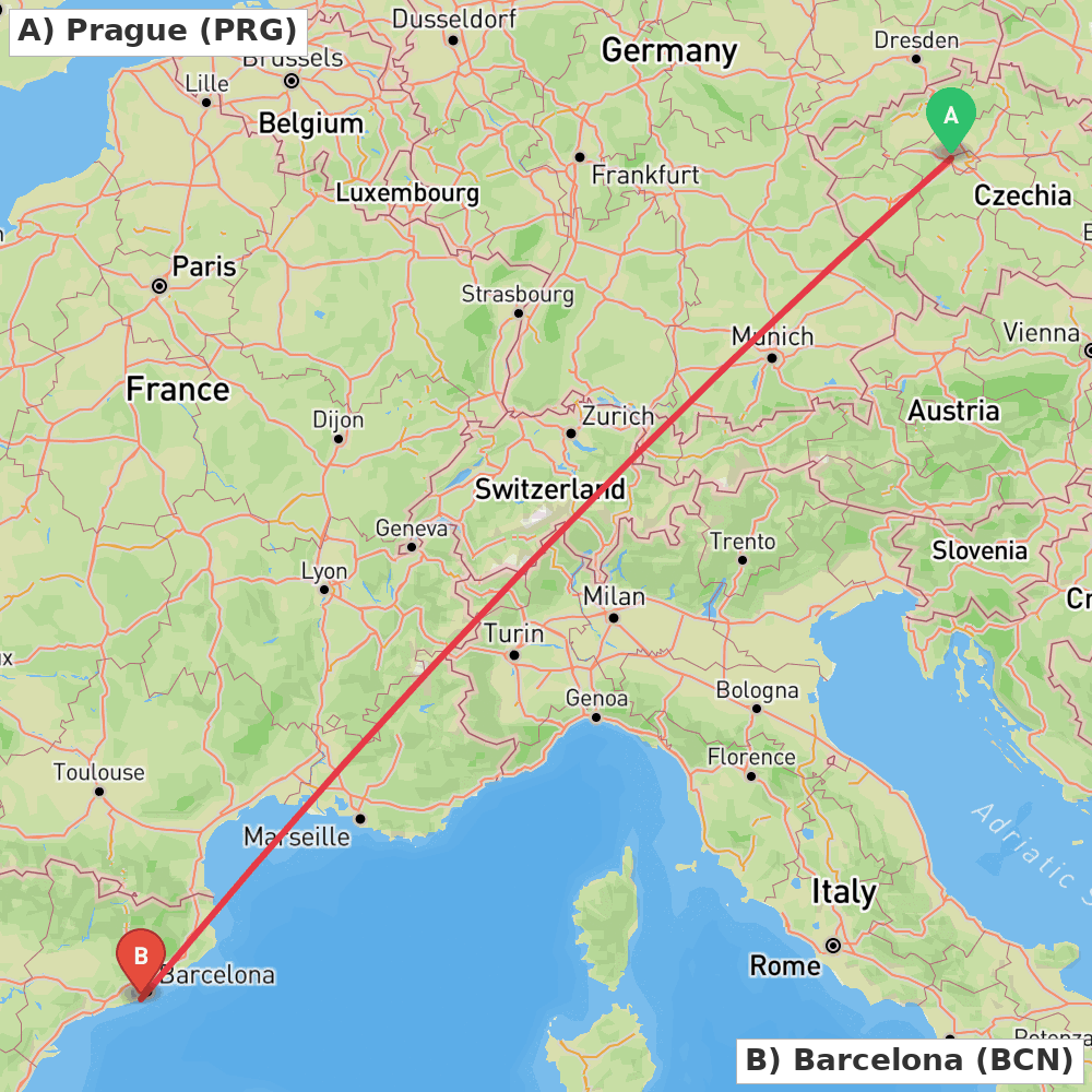 Flight route map from Prague to Barcelona
