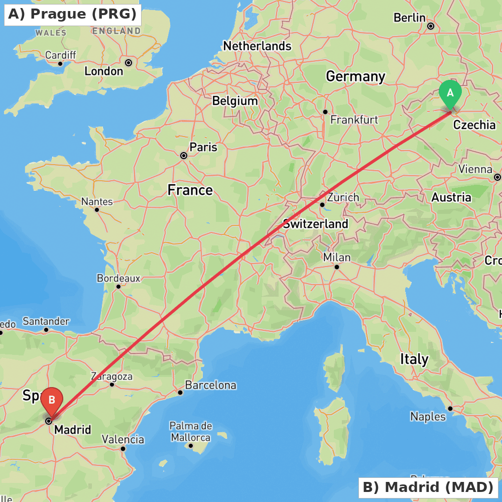 Flight route map from Prague to Madrid