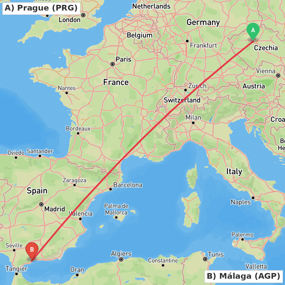 Flight route map from Prague to Málaga