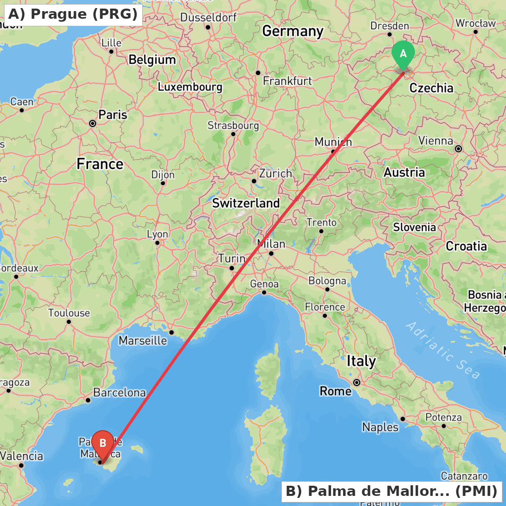 Flight route map from Prague to Palma de Mallorca