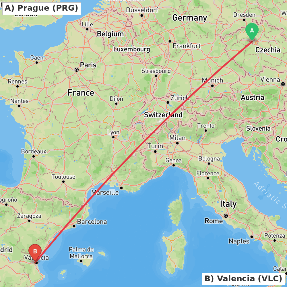Flight route map from Prague to Valencia