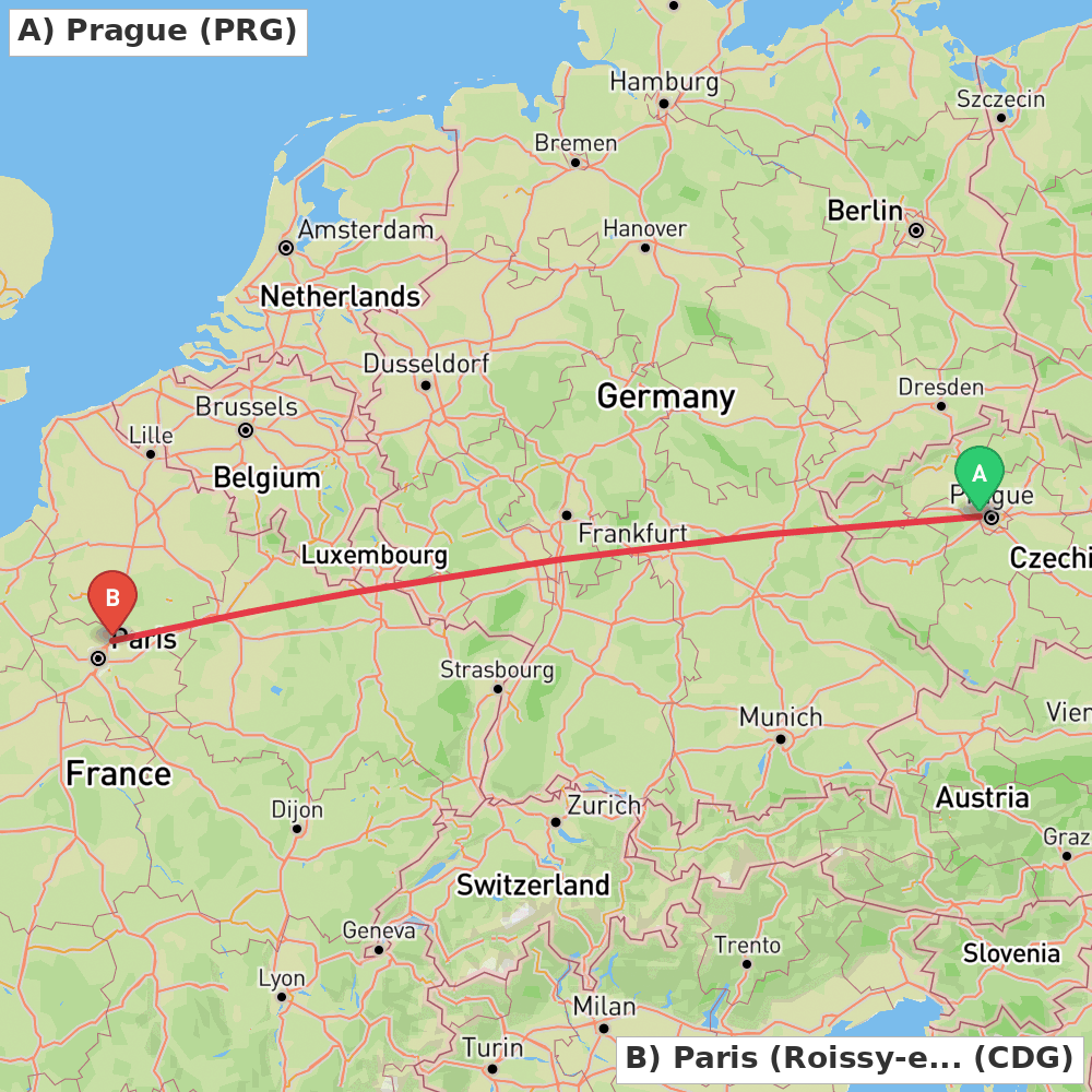 Flight route map from Prague to Paris (Roissy-en-France, Val-d'Oise)