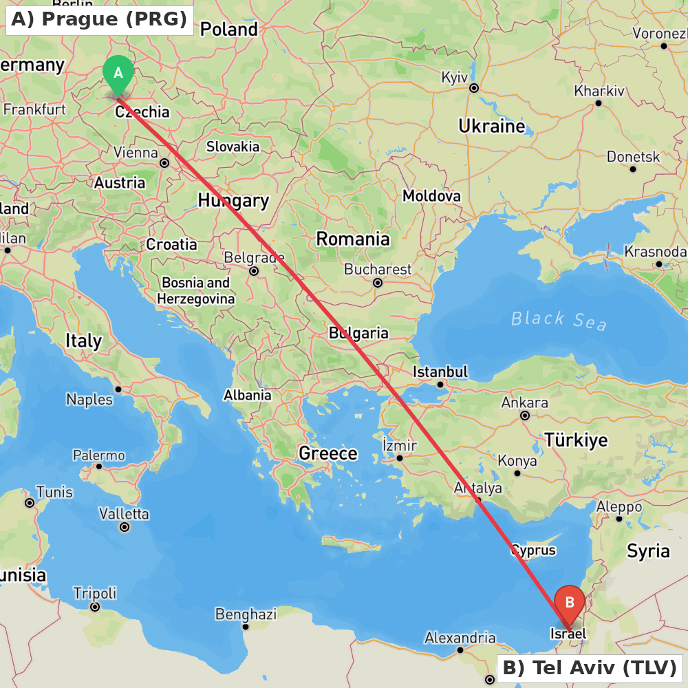 Flight route map from Prague to Tel Aviv