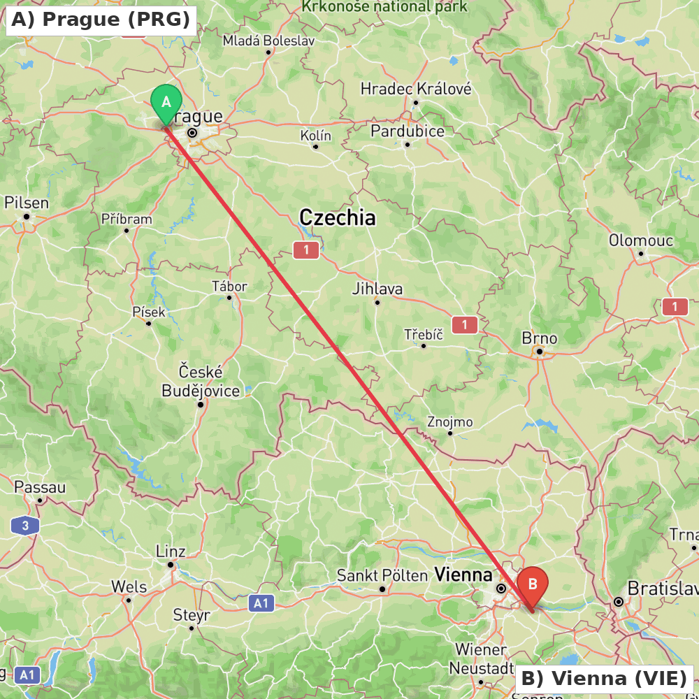 Flight route map from Prague to Vienna