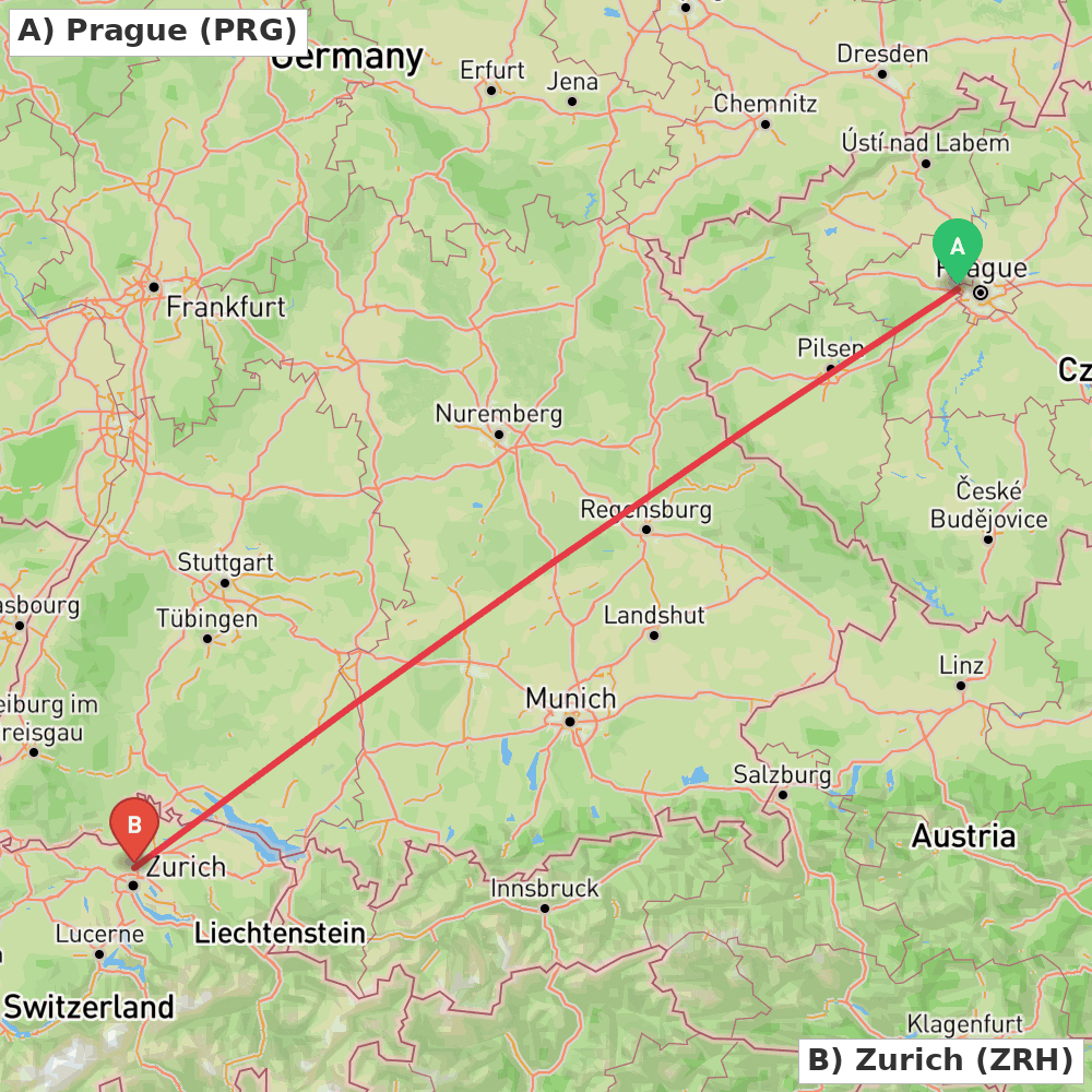 Flight route map from Prague to Zurich