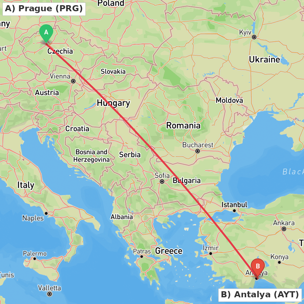 Flight route map from Prague to Antalya