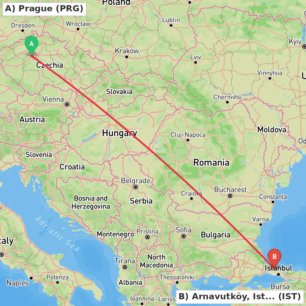 Flight route map from Prague to Arnavutköy, Istanbul