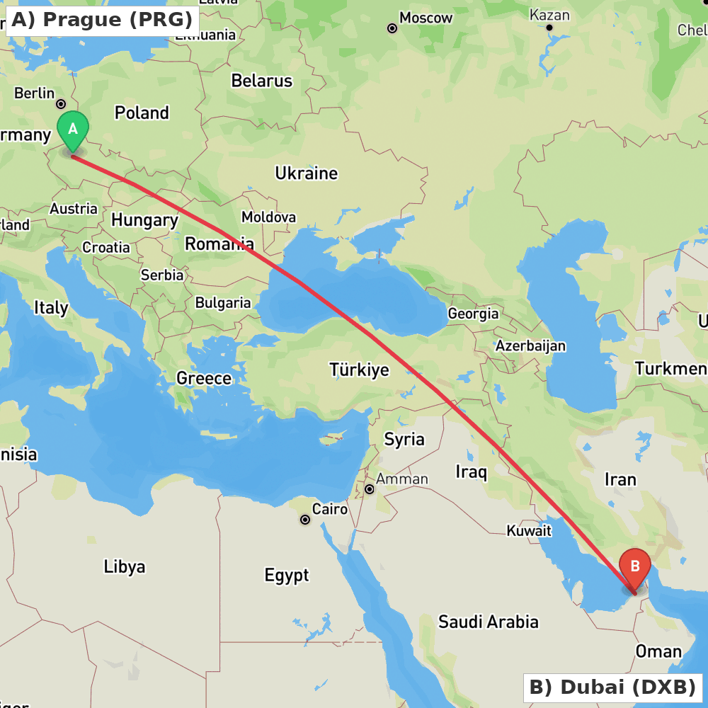 Flight route map from Prague to Dubai