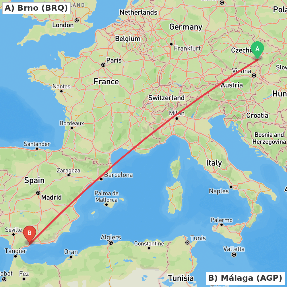 Flight route map from Brno to Málaga