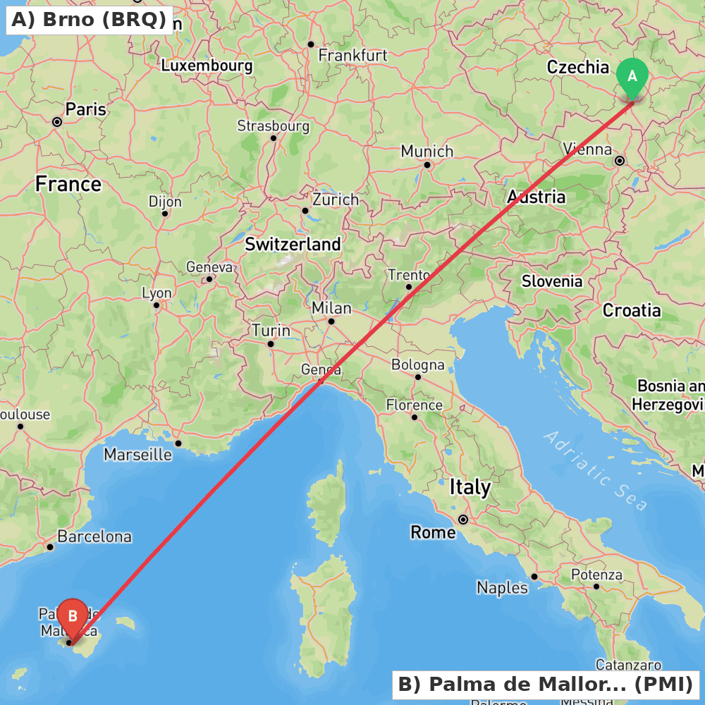 Flight route map from Brno to Palma de Mallorca