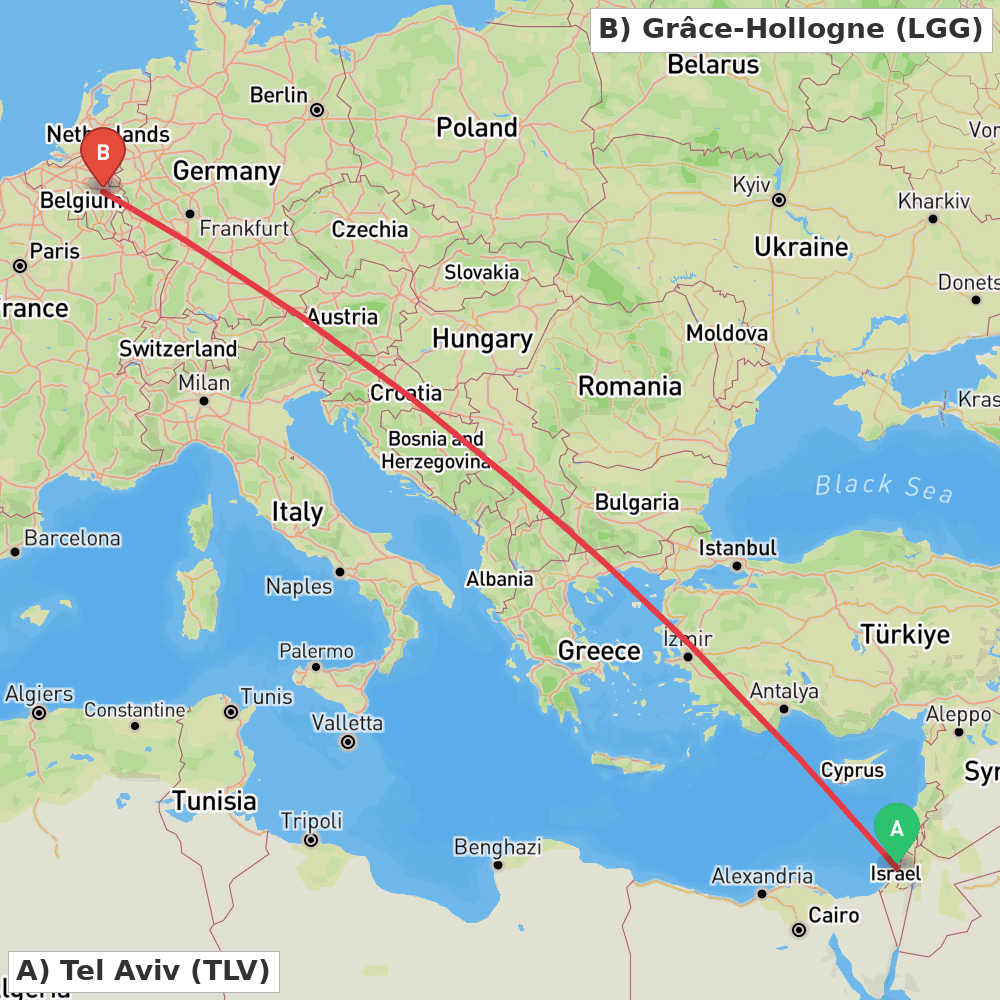 Flight route map from Tel Aviv to Grâce-Hollogne