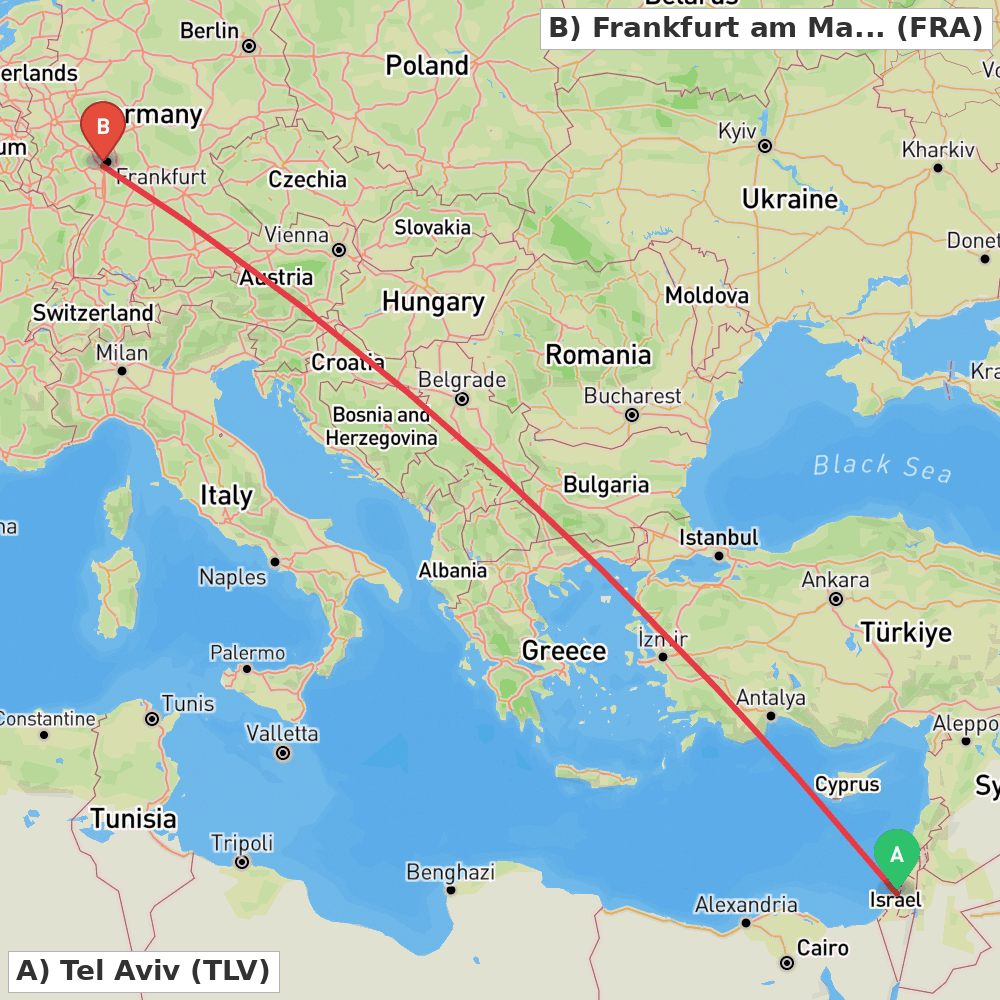 Flight route map from Tel Aviv to Frankfurt am Main