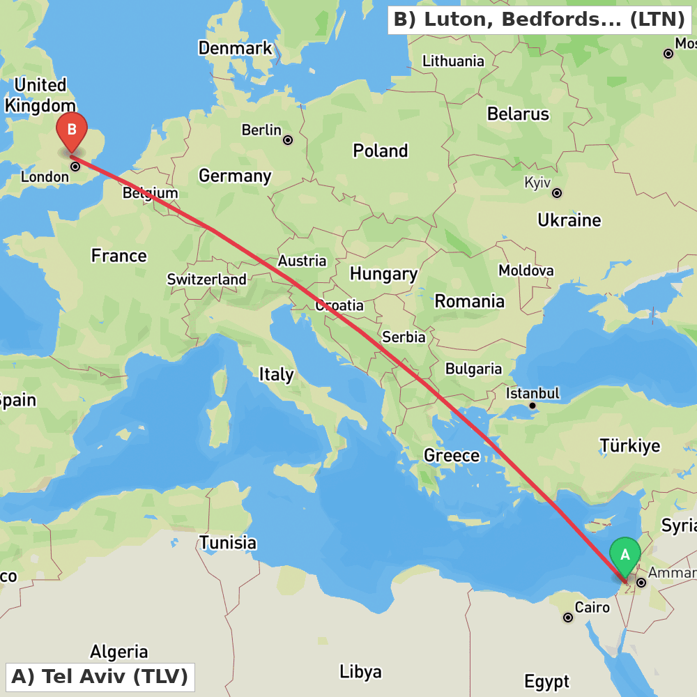 Flight route map from Tel Aviv to Luton, Bedfordshire