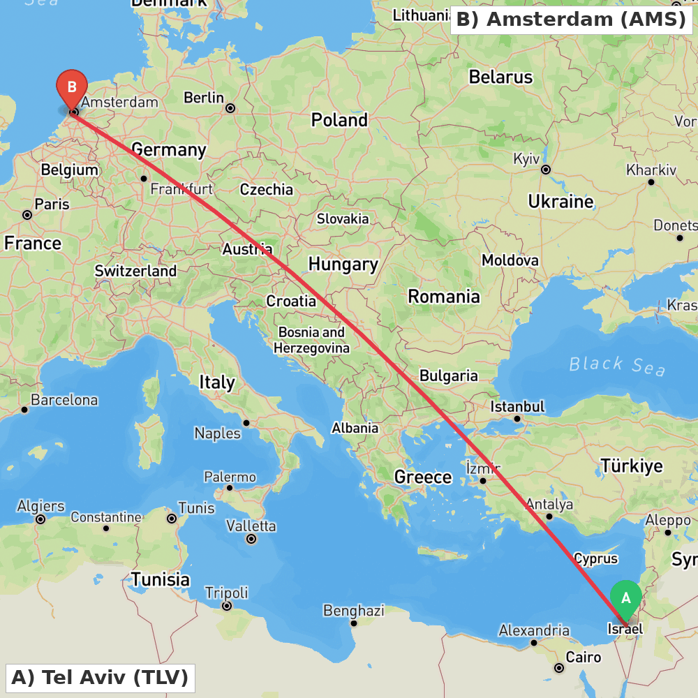 Flight route map from Tel Aviv to Amsterdam