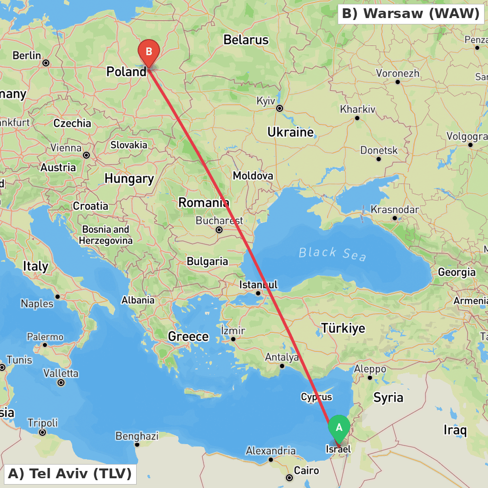Flight route map from Tel Aviv to Warsaw