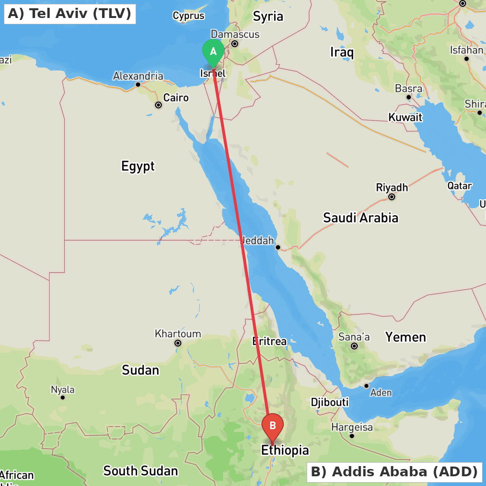 Flight route map from Tel Aviv to Addis Ababa