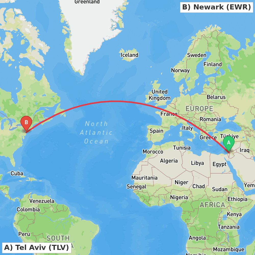 Flight route map from Tel Aviv to Newark