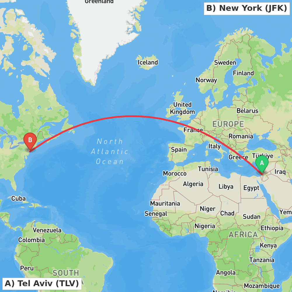 Flight route map from Tel Aviv to New York