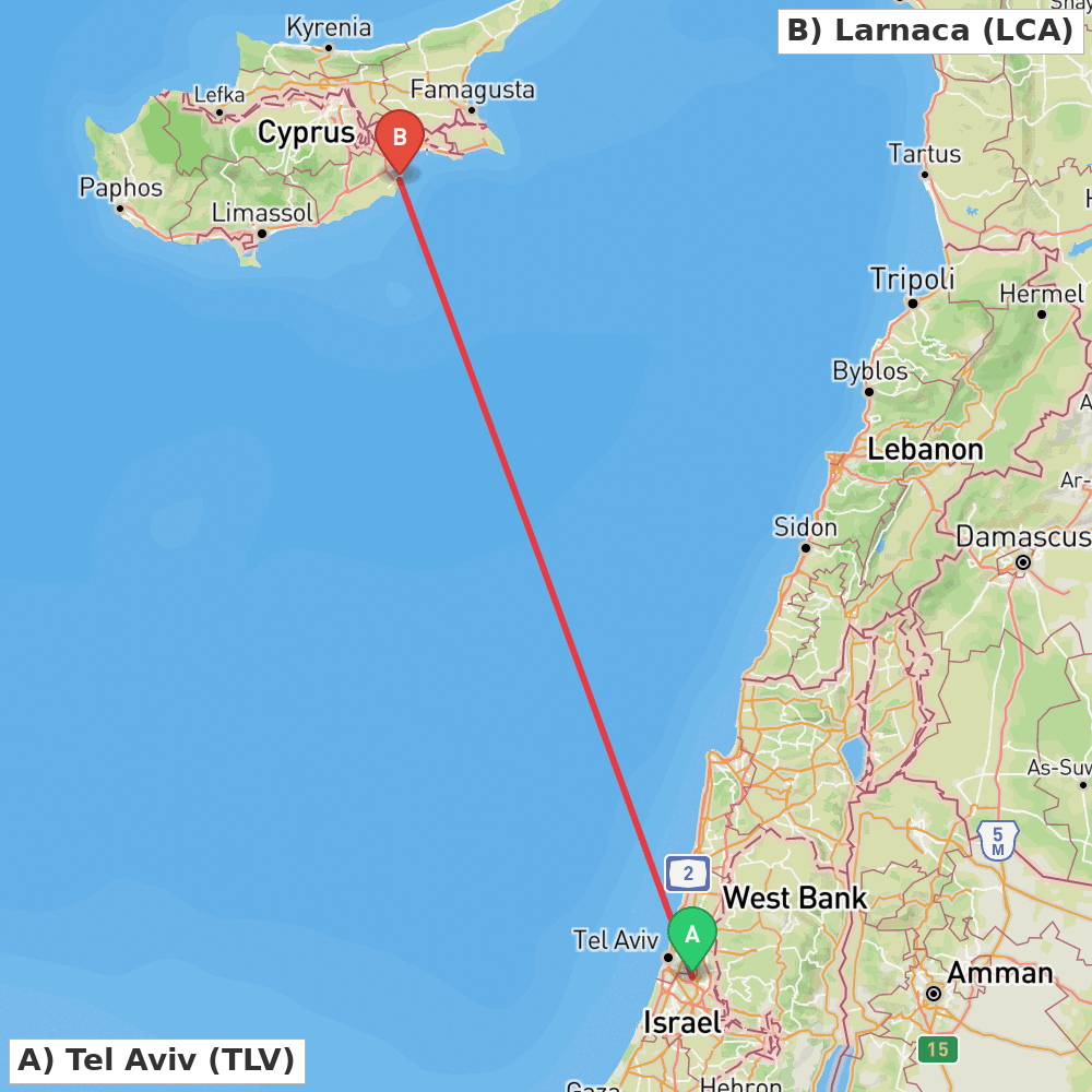 Flight route map from Tel Aviv to Larnaca