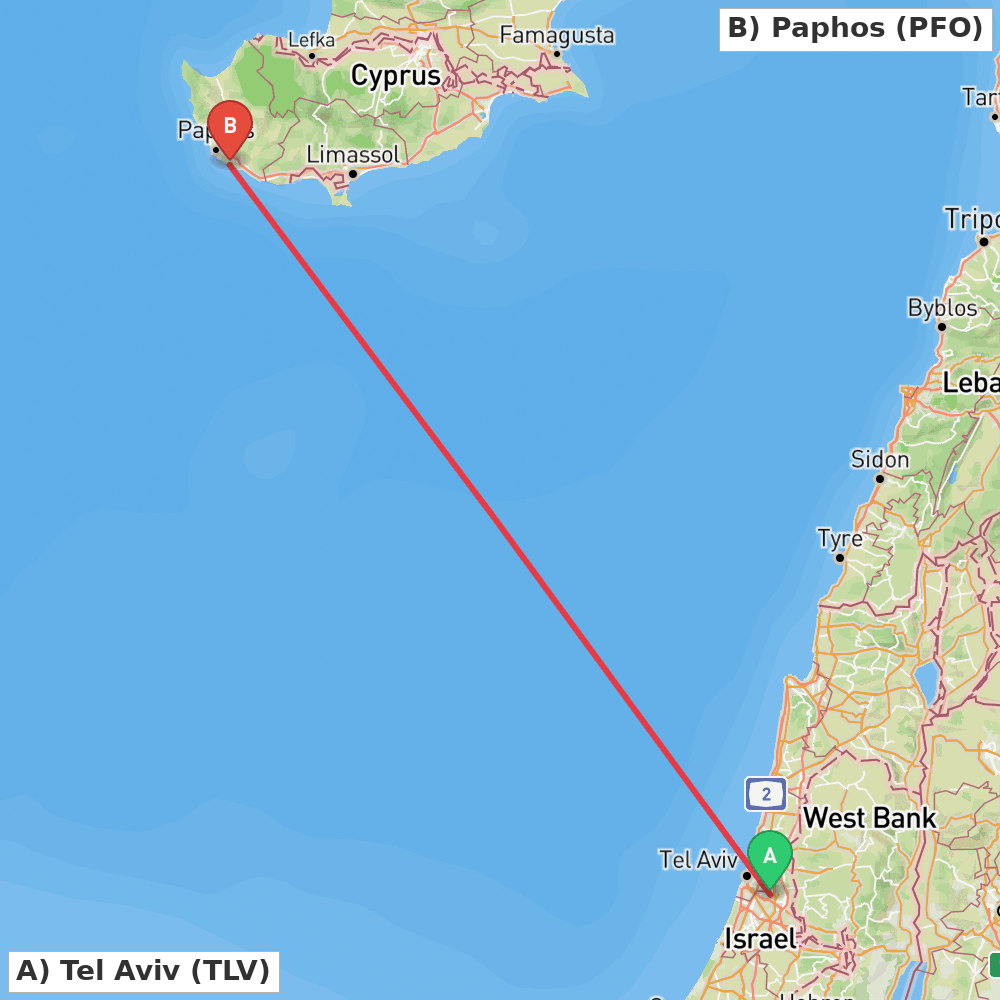 Flight route map from Tel Aviv to Paphos
