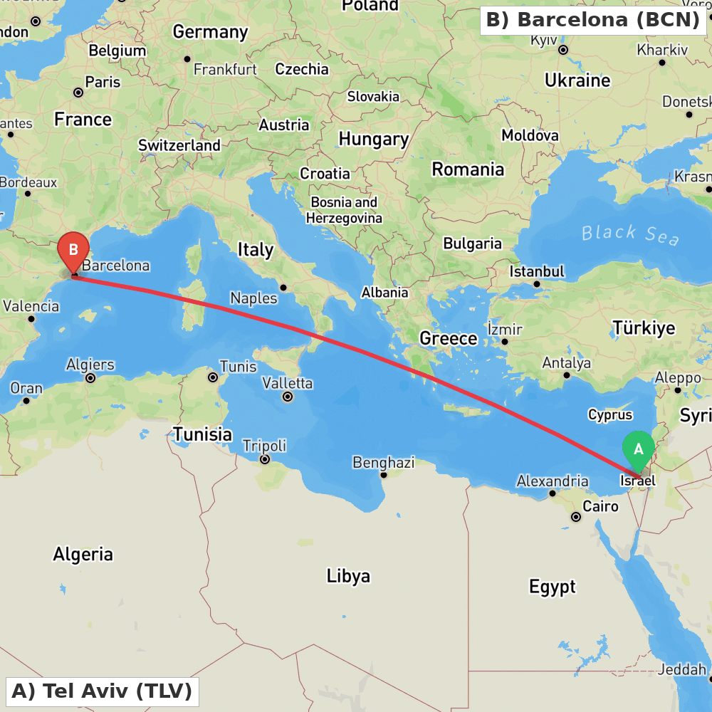 Flight route map from Tel Aviv to Barcelona