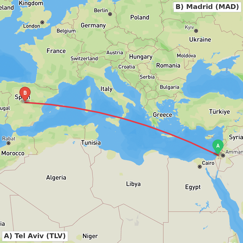 Flight route map from Tel Aviv to Madrid