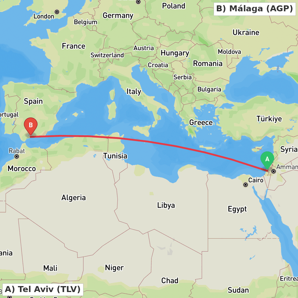 Flight route map from Tel Aviv to Málaga