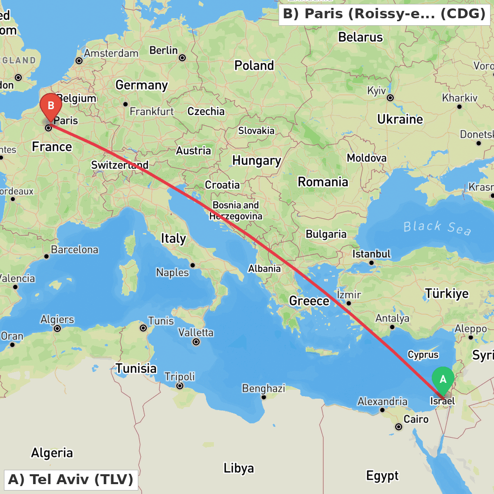 Flight route map from Tel Aviv to Paris (Roissy-en-France, Val-d'Oise)