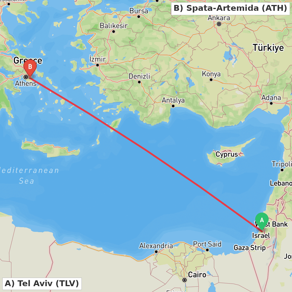 Flight route map from Tel Aviv to Spata-Artemida