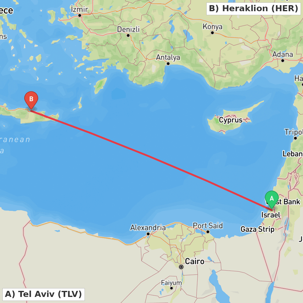Flight route map from Tel Aviv to Heraklion