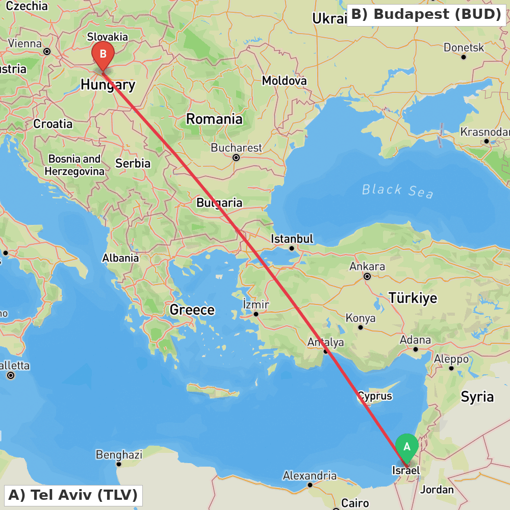 Flight route map from Tel Aviv to Budapest