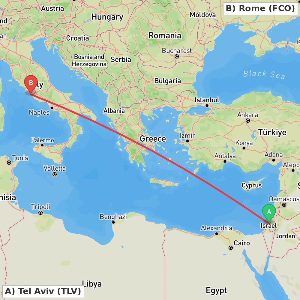 Flight route map from Tel Aviv to Rome