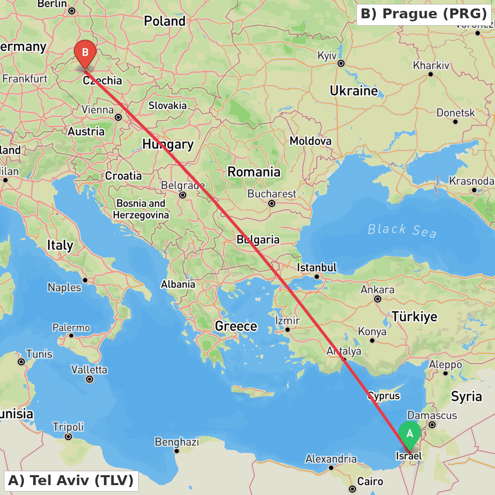 Flight route map from Tel Aviv to Prague