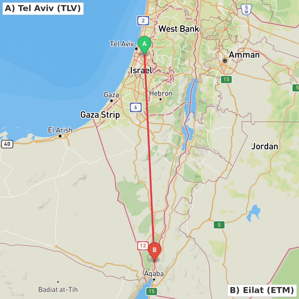 Flight route map from Tel Aviv to Eilat