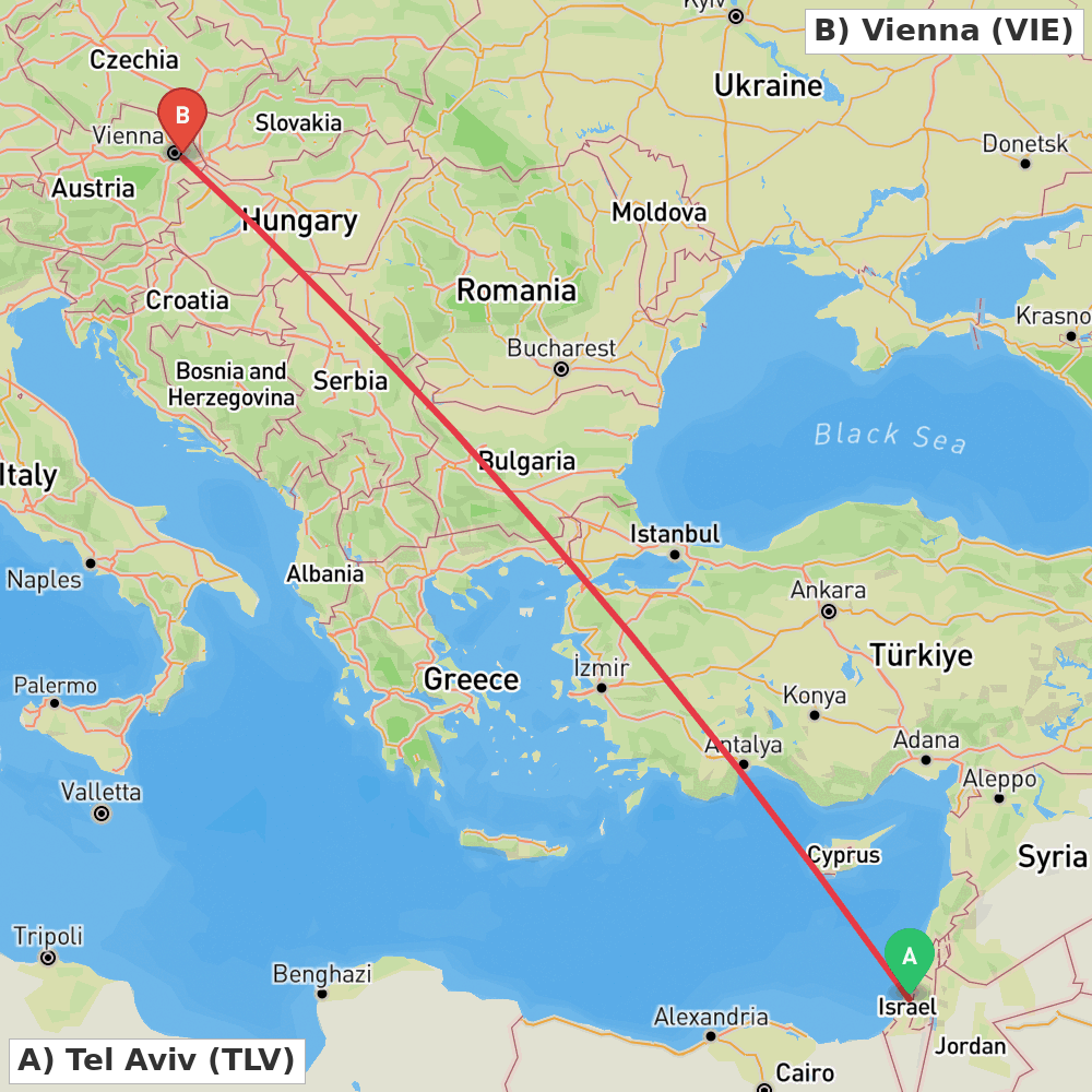Flight route map from Tel Aviv to Vienna