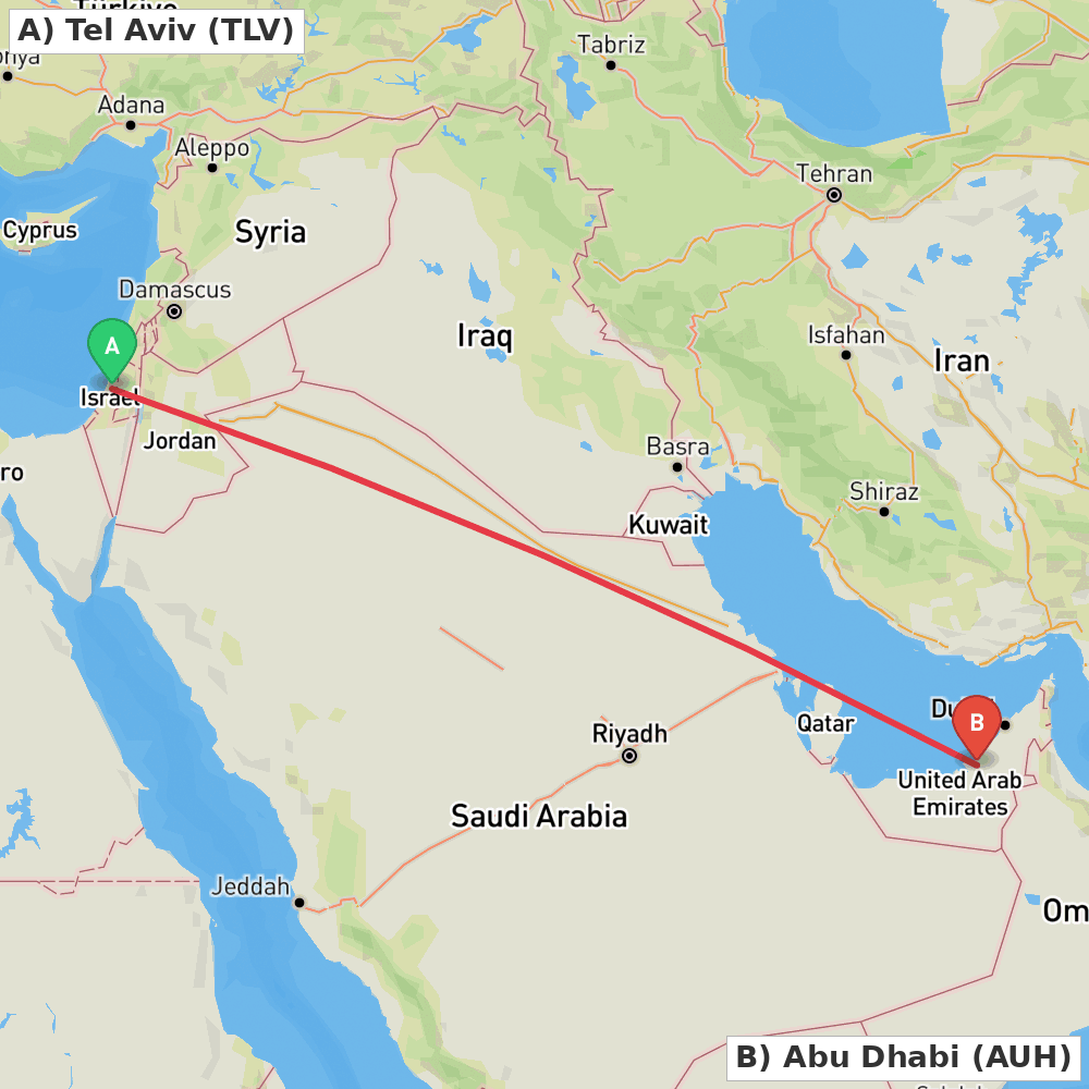 Flight route map from Tel Aviv to Abu Dhabi