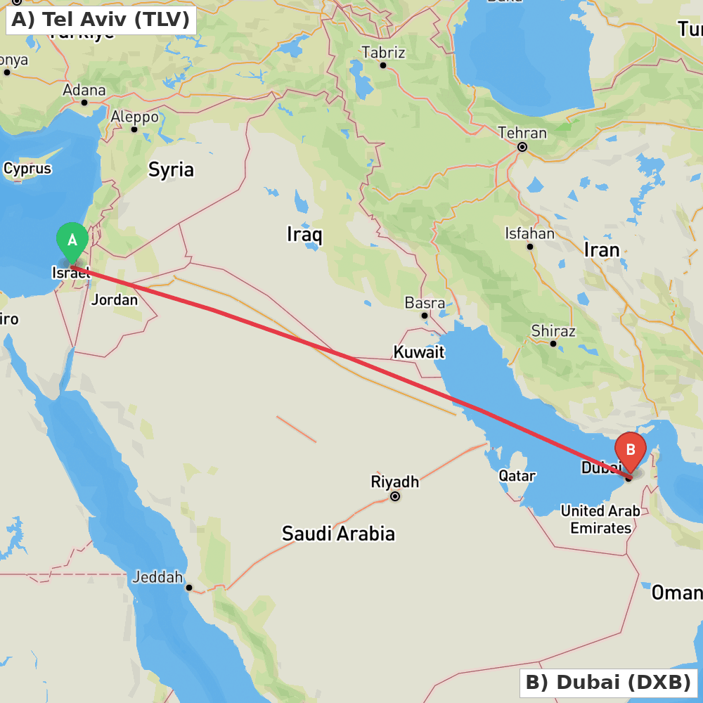 Flight route map from Tel Aviv to Dubai