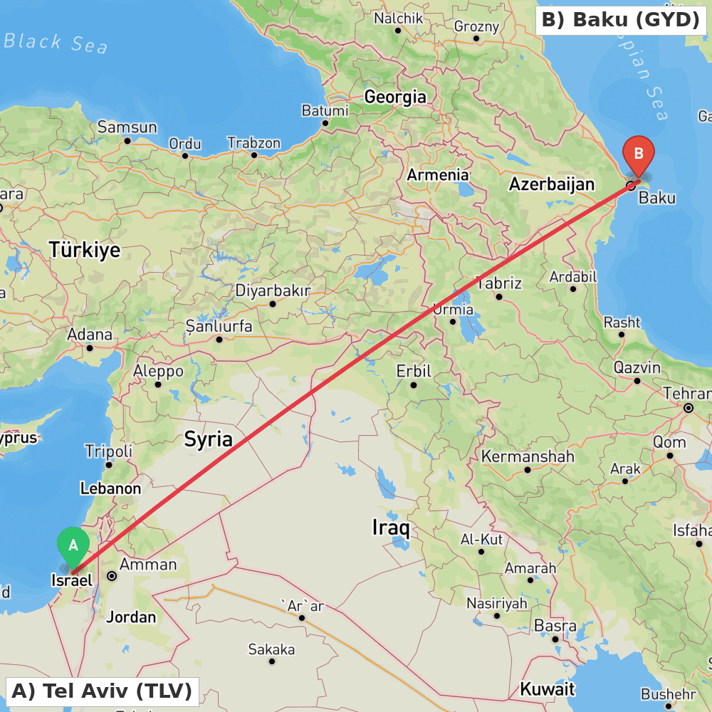 Flight route map from Tel Aviv to Baku
