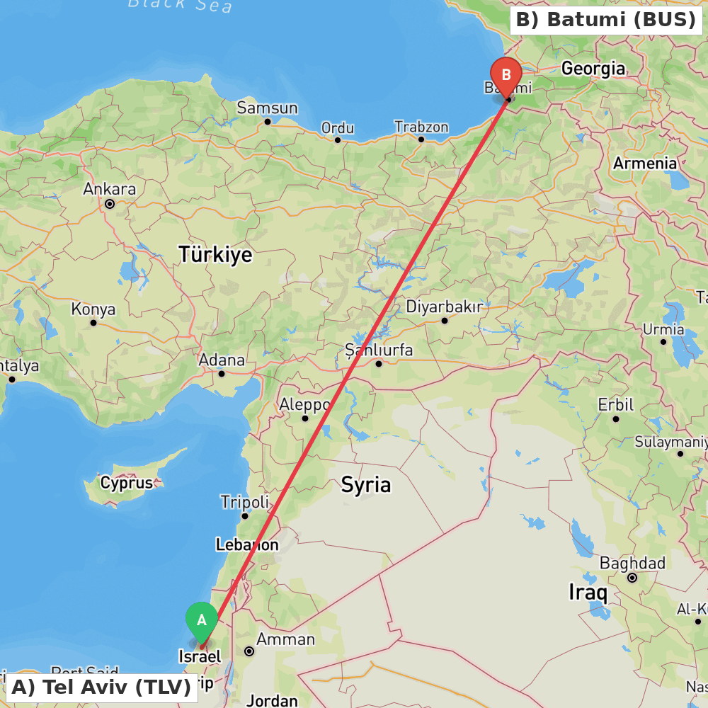 Flight route map from Tel Aviv to Batumi